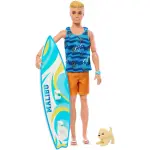 Barbie Poseable Blonde Ken Beach Doll with Surfboard and Pet Puppy & Themed Accessories