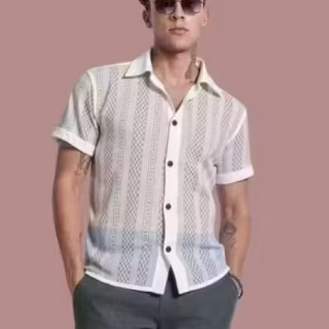Stylish White Cotton Net Shirt for Men Half Sleeve Shirt for Men
