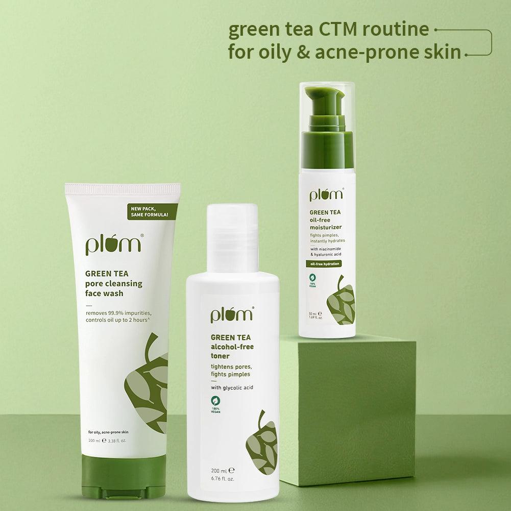 Plum Green Tea CTM routine for Oily, Acne-prone Skin with Green Tea Face Wash, Green Tea Toner and Green Tea Moisturizer