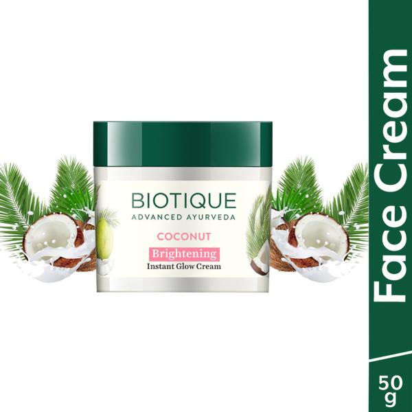 BIOTIQUE Coconut Brightening Instant Glow Cream| Lightweight face cream| All Skin Types (50 g)