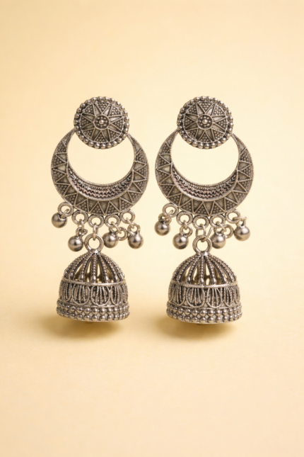 Collections Oxidised Temple Style Jhumka Earrings for Women | Antique Silver Tribal Boho Jhumki | Ethnic Designer Chandbali Earrings | Festive & Wedding Jewellery